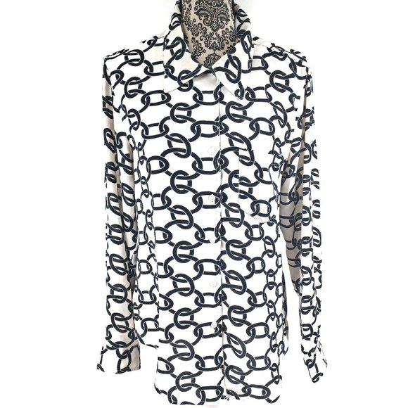 LARSEN GRAY LS Crepe Chiffon Button Front Chain Print Blouse Top L - Picture 2 of 5